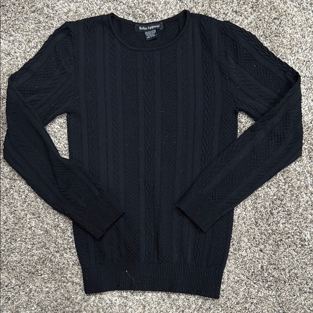 Soho Apparel Black Crewneck Sweater with Cable-Knit Design